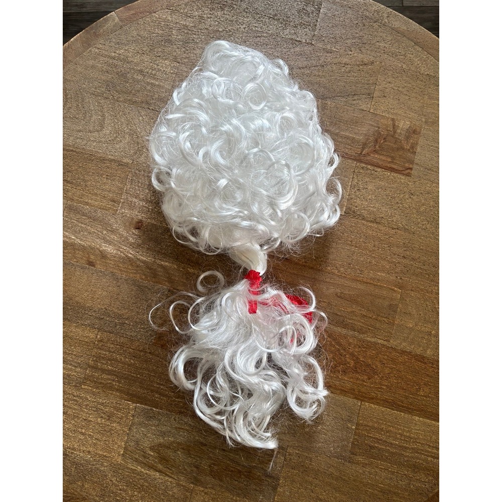 White Curly Wig with Red Ribbon - Costume Accessory